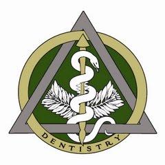 The image shows a logo that includes a stylized snake wrapped around a staff, a trident, and the word DENTISTRY with a banner above it.