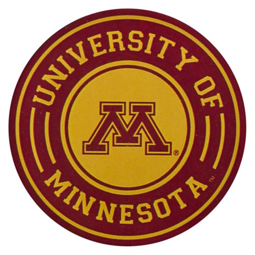 The image shows a round logo with the text UNIVERSITY OF MINNESOTA prominently displayed in capital letters, featuring the school s mascot and colors.
