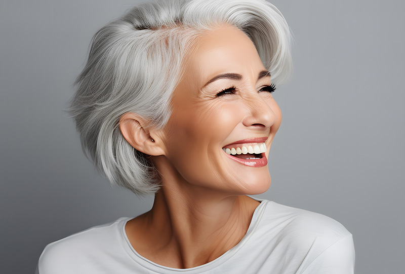 The image is a photograph of an older woman with short gray hair, smiling and looking directly at the camera.